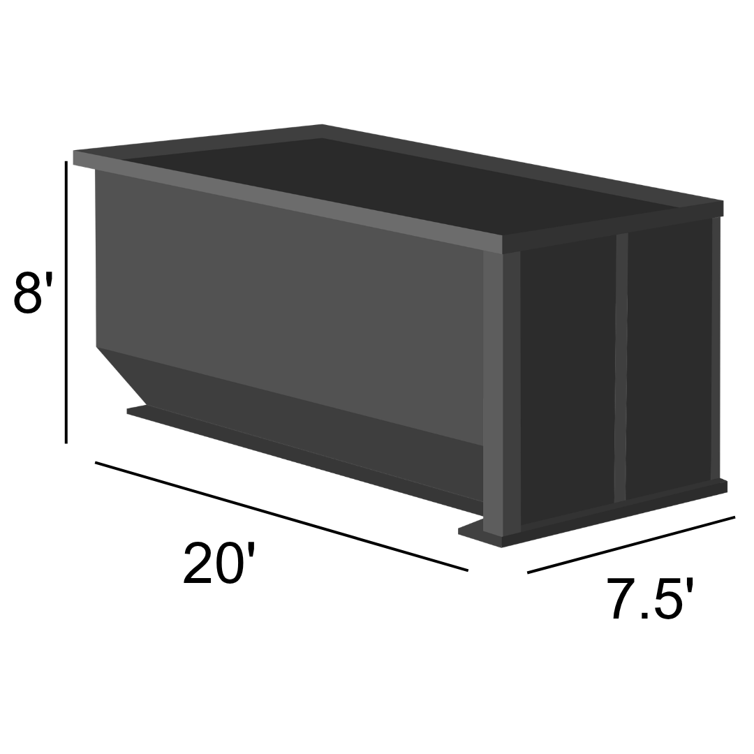 40-yard dumpster — 20' long, 7.5' wide, 8' tall