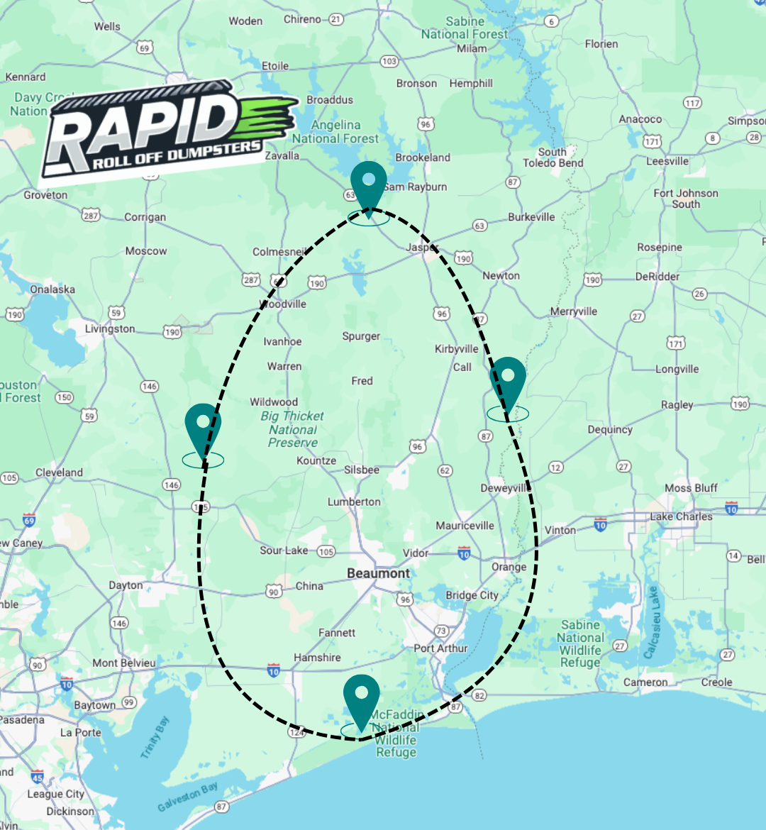 Rapid Roll-Off service area covering Jefferson and Orange County, TX